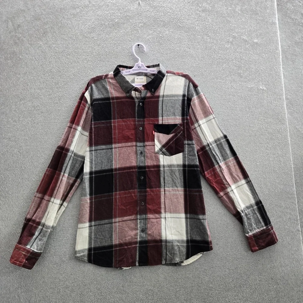 Levi's Men Button Up Shirt L Red Plaid Flannel Logo Long Sleeve READ
